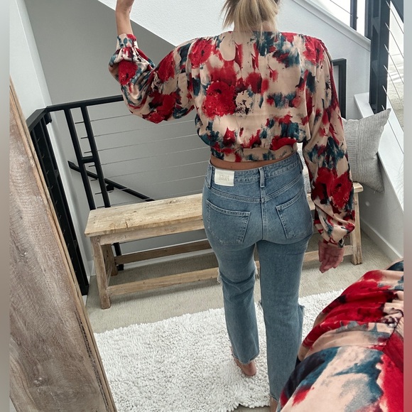 ACOA red & tan holiday dinner date cropped tie long sleeve blouse sexy NWT M - Picture 8 of 15